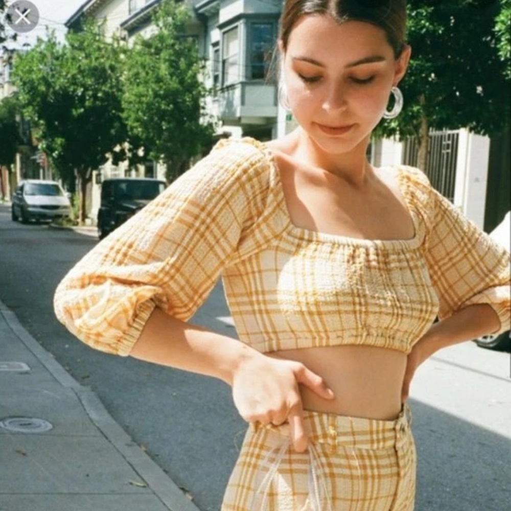 Capulet Jodi Yellow Plaid Puff Sleeve Crop Top Long Sleeve Revolve- Size Medium